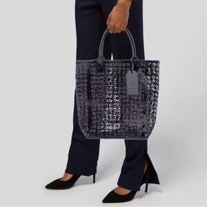 Tory Burch Laser Cut Navy Blue Vegan Leather Tote/Beach Bag Diamond